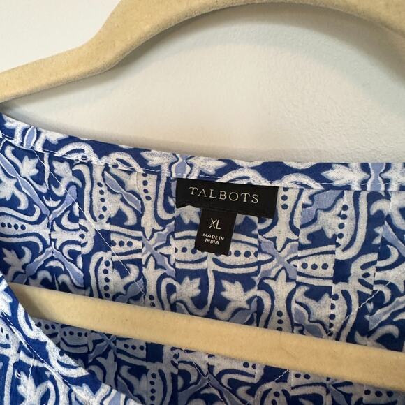 Talbots Floral Tunic Top Size XL 3/4 Sleeve Button Down 100% Cotton Blue White - Picture 6 of 9